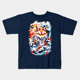 Kitsune fox, Japanese wave Kids T-Shirt